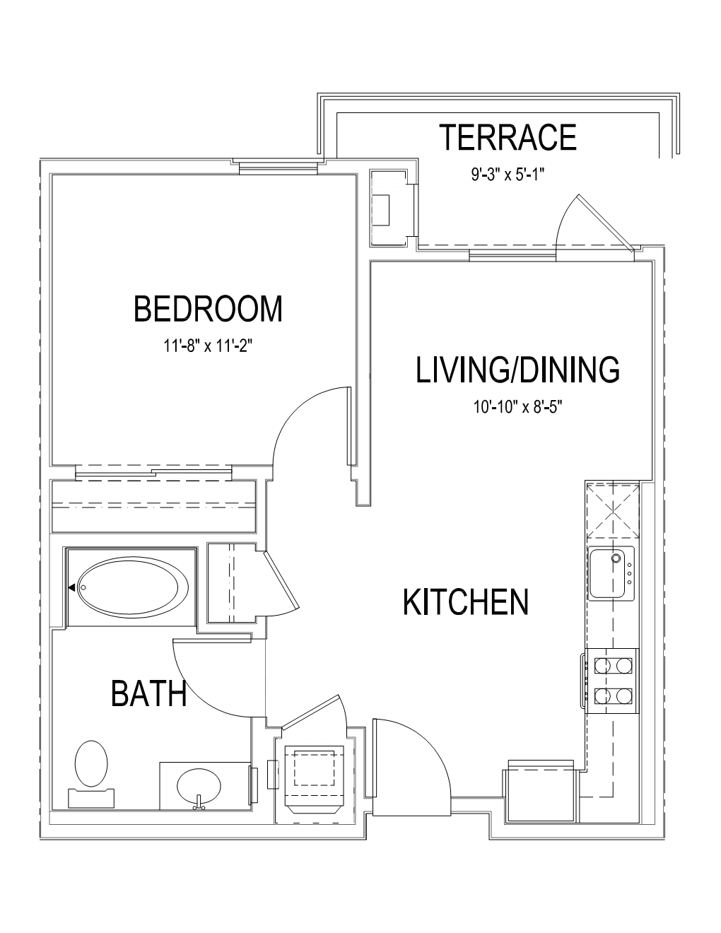 Floor plan for 1 bed, 1 bath, 575 sqft